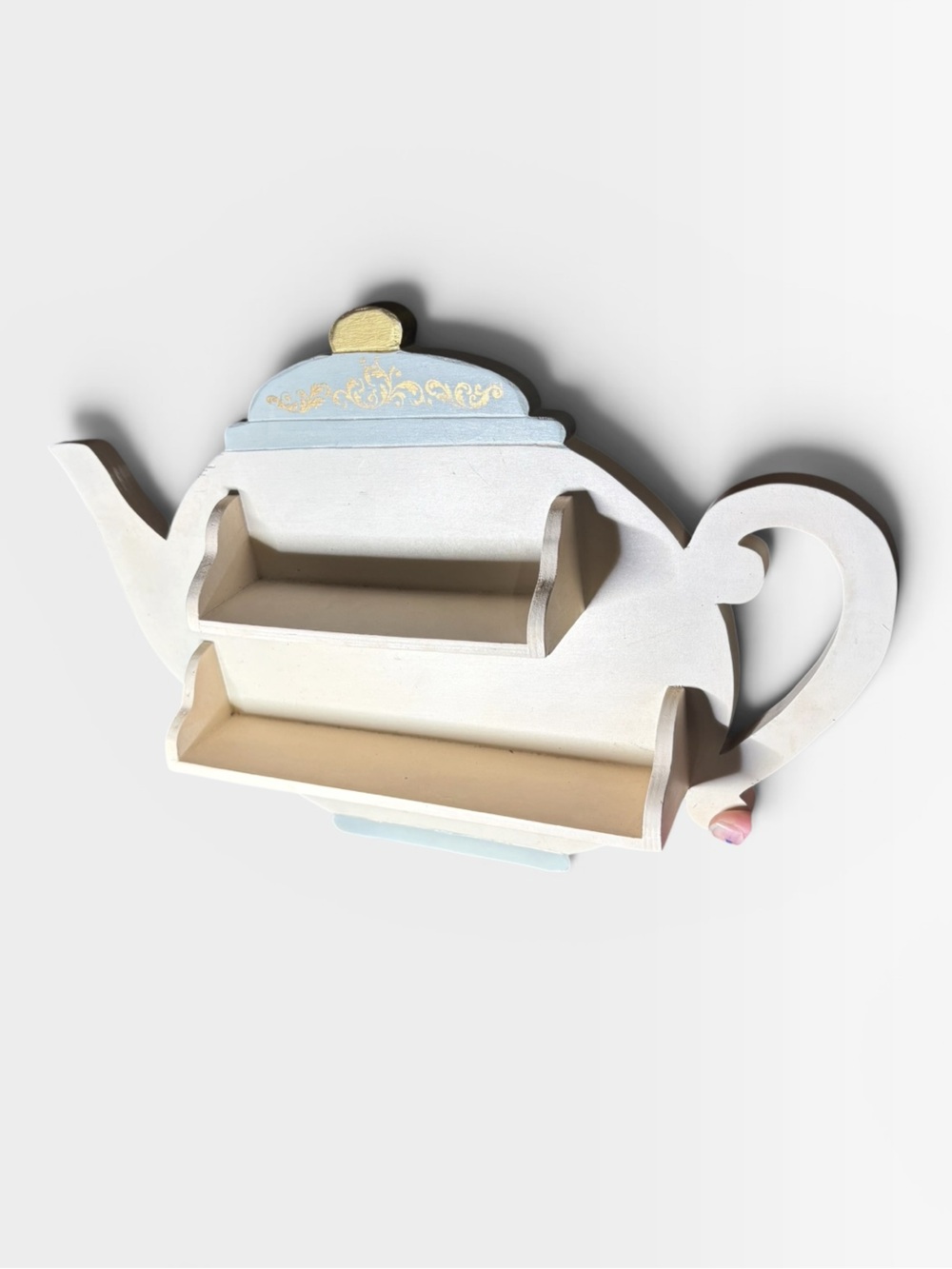 Midwest of cannon falls tea cup shelf 
Off white / gold/ blue  painted